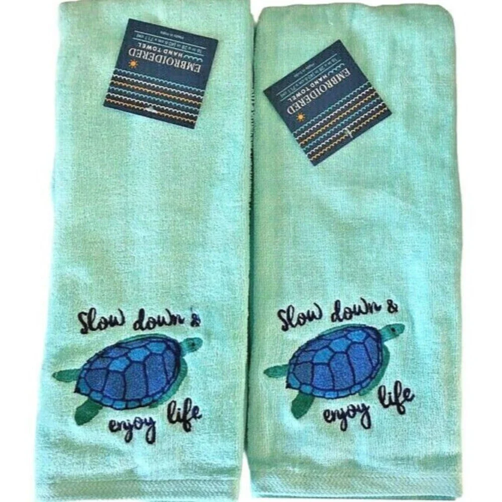 Sea Turtle Hand Towels Embroidered Bathroom Beach Summer Slow Down Blue Set of 2